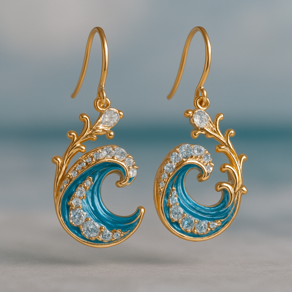 Boucles d'Oreilles Dorées avec des Ondes Brillantes de l'Océan