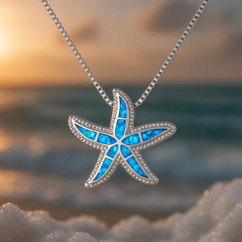 Collier en Argent avec Étoile de Mer Bleue Brillante et Opale