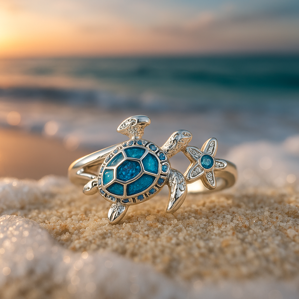 Bague Argentée avec Tortue et Opale Bleue