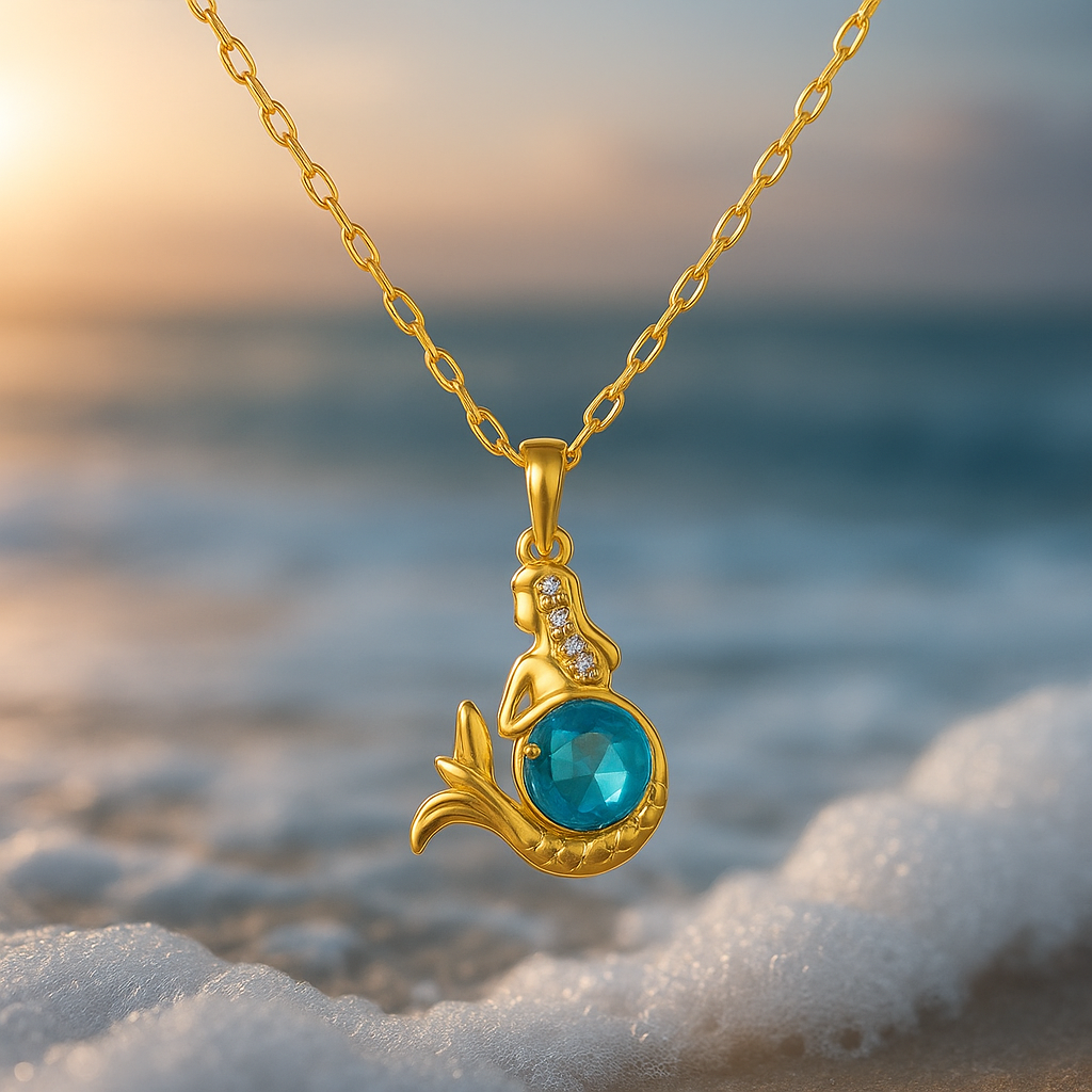 Collier Doré de Sirène avec Cristal Bleu